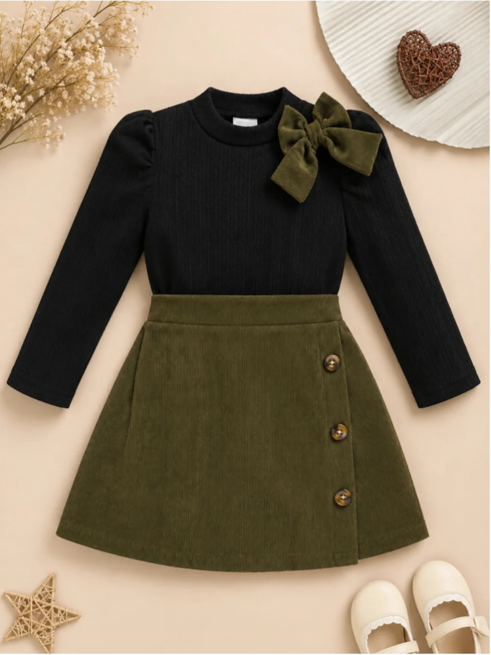 Girl’s Ribbed Knit Bow Sweater & Corduroy Skirt 2-Piece Set – Size 5